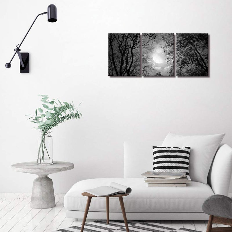 Visual Art Decor Black and White Full Moon Forest Trees Picture Goth Room Decor Canvas Wall Art Framed Artwork Gothic Home Decor Living Room Bedroom Home Office Decoration 3 Piece - Image 3